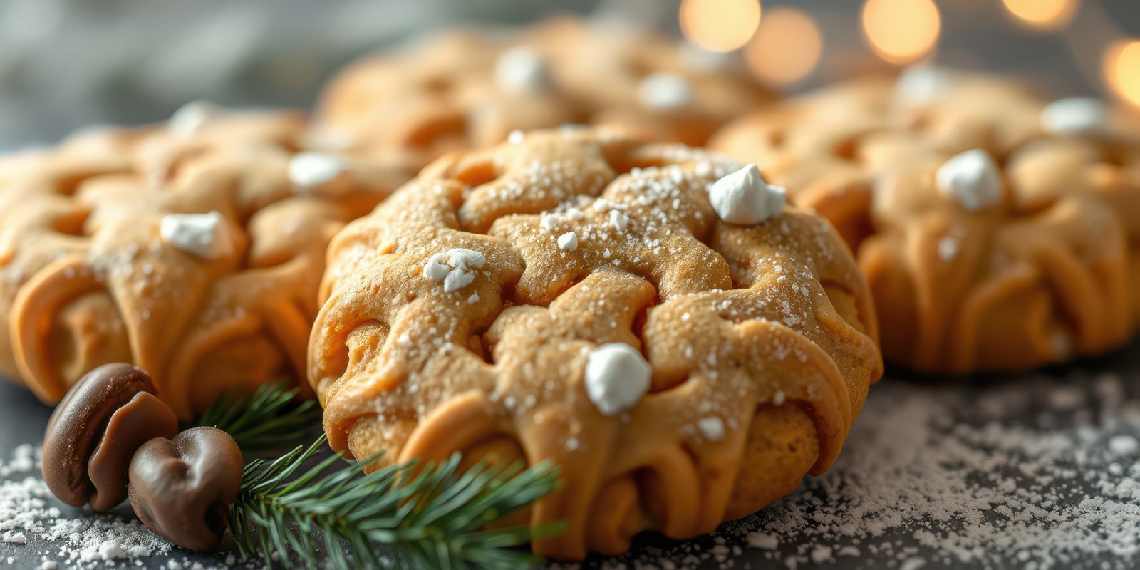 Holiday-themed cookies with decorative icing and pine leaves on a gray surface during festive season